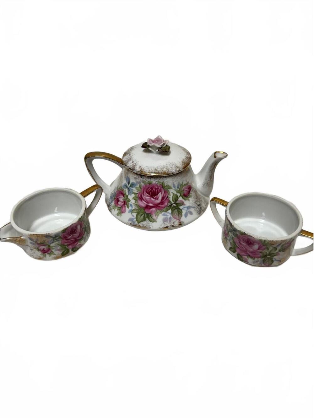 Lefton Moss Rose 3-Piece Teapot Sugar Creamer Set Gold Trim Vintage